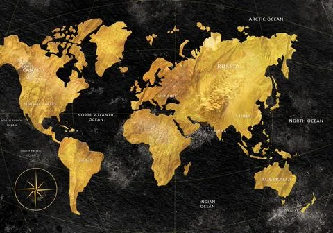 Roughly outlined map of the world on a black canvas - shiny gold Stock Illustration