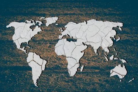 Roughly outlined world map with cracked soil background Stock Photos