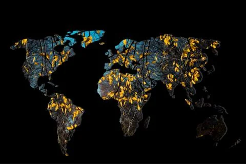 Roughly outlined world map with dry Autumn leaves  filling Stock Illustration