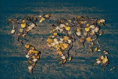 Roughly outlined world map with dry Autumn leaves  filling Stock Illustration