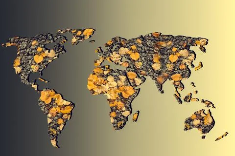 Roughly outlined world map with dry Autumn leaves  filling Stock Illustration