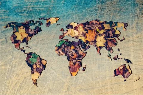 Roughly outlined world map with dry Autumn leaves  filling Stock Illustration