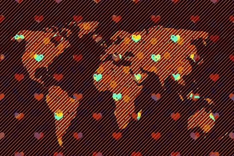 Roughly outlined world map with heart pattern. Poster of world, earth map.  P 库存插图