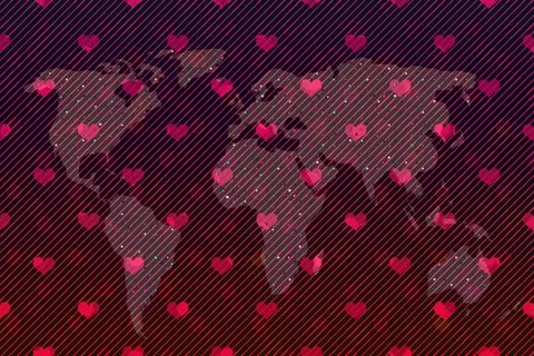Roughly outlined world map with heart pattern. Poster of world, Illustrazione stock