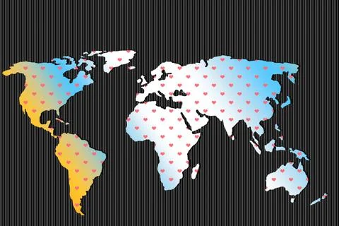 Roughly outlined world map with heart pattern. Poster of world, earth map. .. Stock Illustration