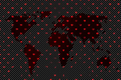 Roughly outlined world map with heart pattern. Poster of world, earth map. .. Stock Illustration