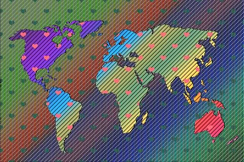 Roughly outlined world map with heart pattern. Poster of world, earth map. .. 스톡 일러스트