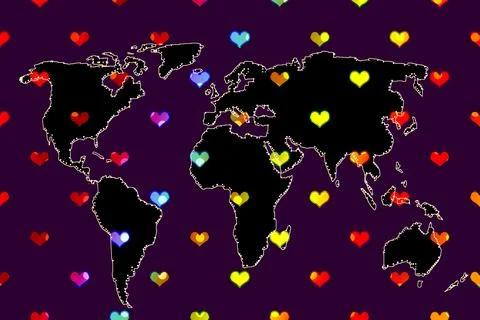 Roughly outlined world map with heart pattern. Poster of world, earth map. .. イラスト素材