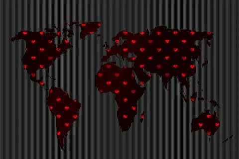 Roughly outlined world map with heart pattern. Poster of world, earth map.  P Foto stock