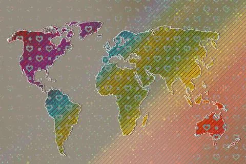 Roughly outlined world map with heart pattern. Poster of world, earth map. .. Stock Photos