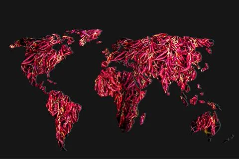 Roughly outlined world map with red dried pepper filling Stock Photos