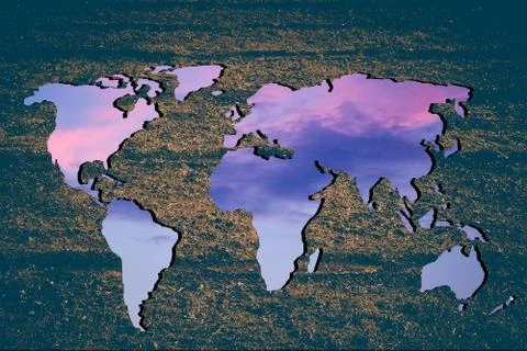 Roughly outlined world map with sky clouds fillings Foto stock