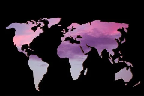 Roughly outlined world map with sky clouds fillings Foto stock