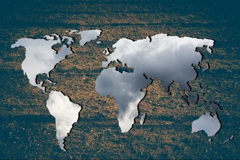 Roughly outlined world map with sky clouds fillings Foto stock