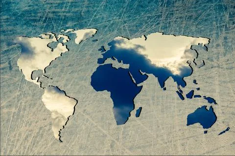 Roughly outlined world map with sky clouds fillings Foto stock