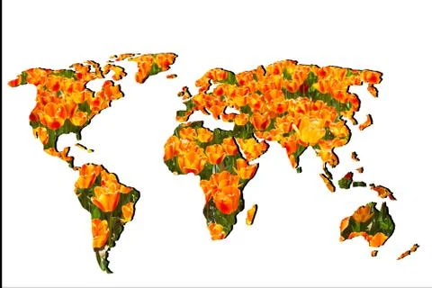 Roughly outlined world map with with tulip garden filling Stock Illustration