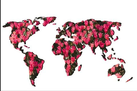 Roughly outlined world map with with tulip garden filling Stock-Fotos