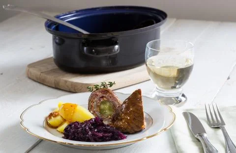 Roulade of beef with potatoes and red cabbage Stock Photos