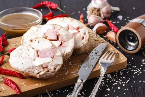 Roulade of stuffed chicken Stock Photos