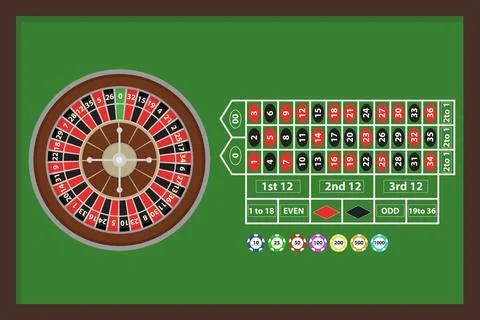 Roulette, a game of roulette with chips. Game table in the casino Stock Illustration