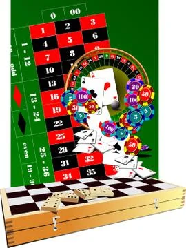 Roulette table, casino elements and chess board Stock Illustration