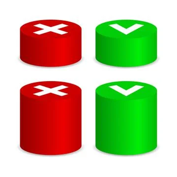 Round 3d buttons yes and no. Oval pillars with green check mark of consent and Illustrazione stock