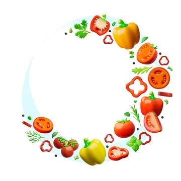 Round 3D frame of levitating whole and halves of fresh vegetables, pepper Illustrazione stock