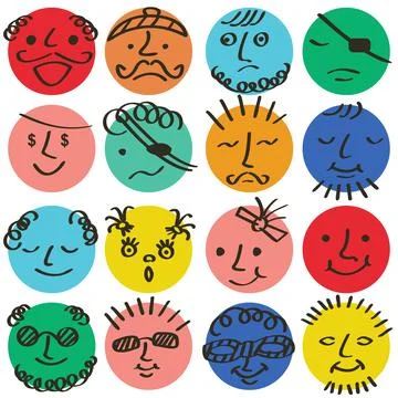 Round abstract colored comic faces with various emotions. Stock Illustration