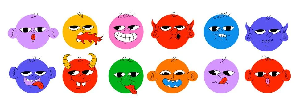 Round Abstract Comic Faces with Different Emotions Stock Illustration