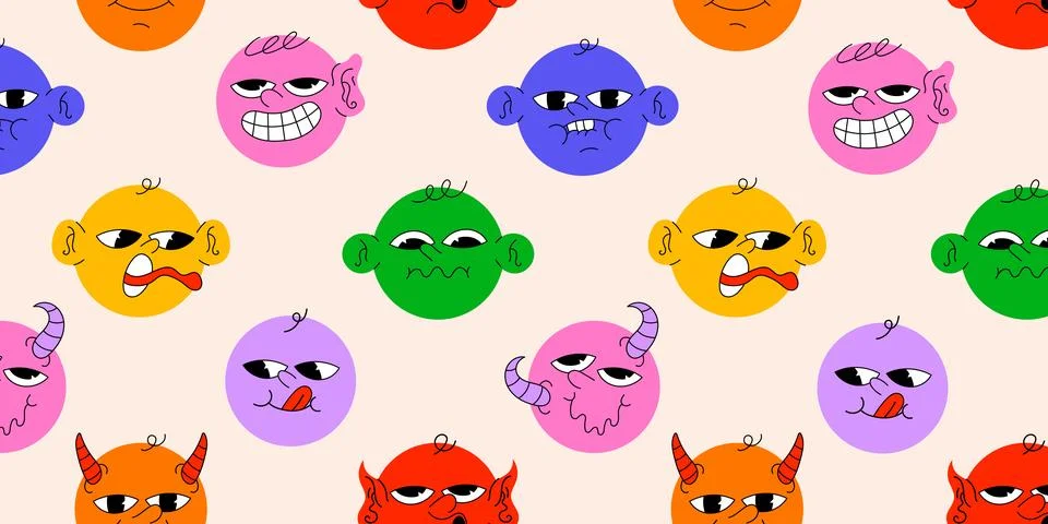 Round abstract comic faces with different emotions Stock Illustration