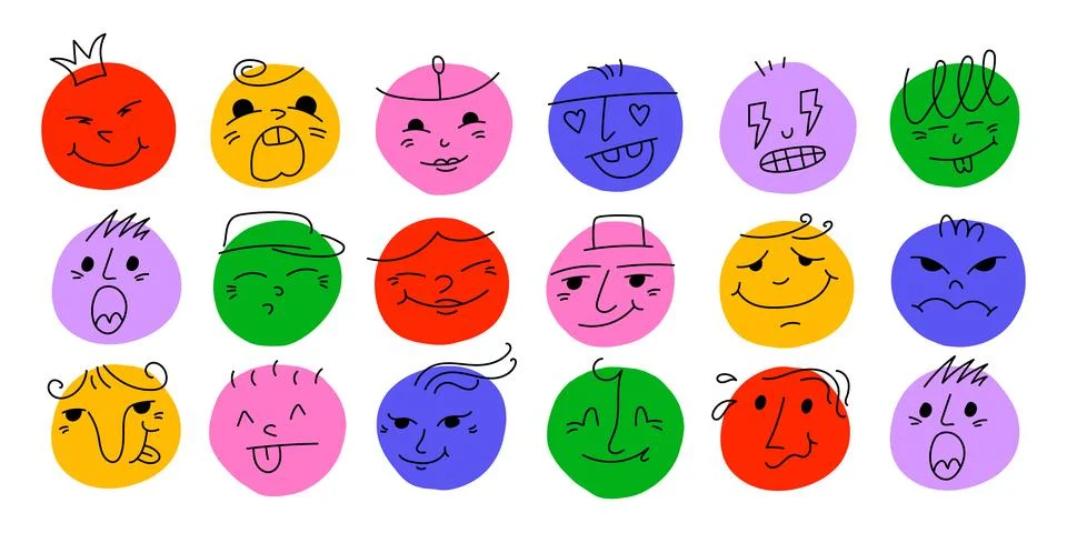 Round Abstract Comic Faces with Different Emotions Stock Illustration