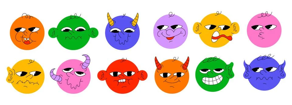 Round abstract comic Faces with various Emotions Stock Illustration