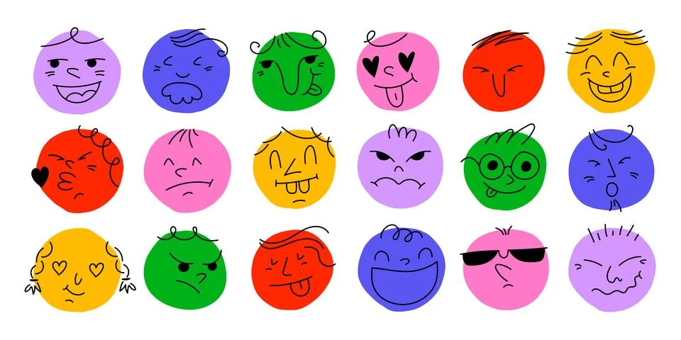Round abstract comic Faces with various Emotions イラスト素材