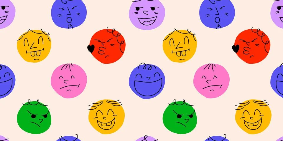 Round abstract comic Faces with various Emotions Stock Illustration