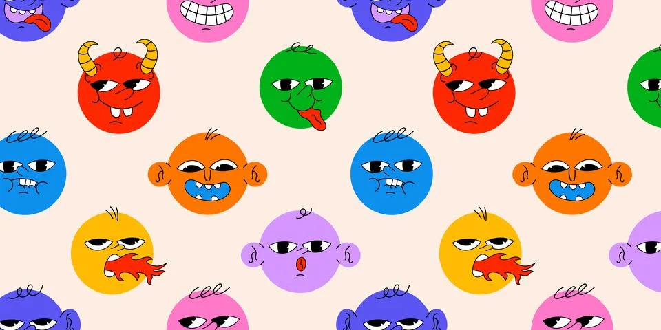 Round abstract comic Faces with various Emotions Stock Illustration