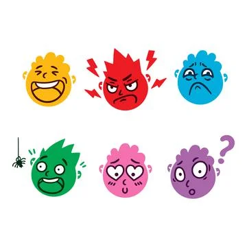 Round abstract face with different emotions. Happy, angry, questioning, scare Stock Illustration