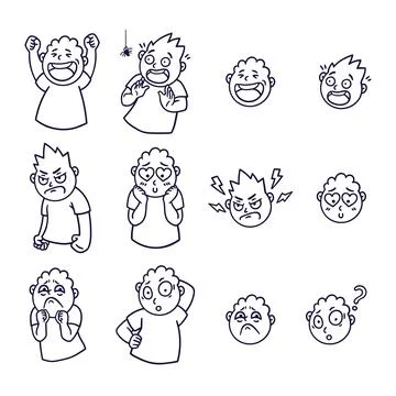 Round abstract face with different emotions. Happy, angry, questioning, scare Stock Illustration