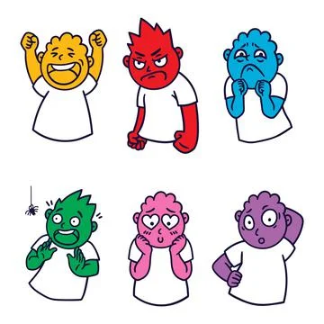 Round abstract face with different emotions. Happy, angry, questioning, scare Stock Illustration