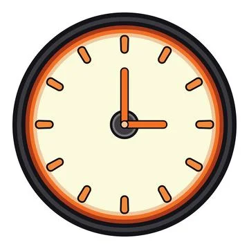 Round analog wall clock with orange hands and markings, indicating time Stock Illustration