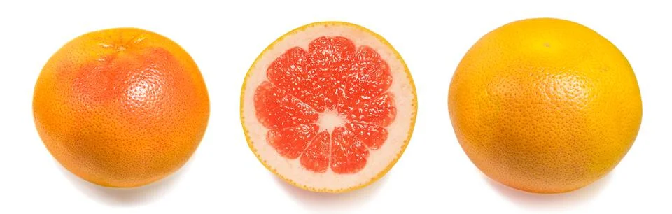 Round and cut grapefruit on an isolated white background. Stock Photos