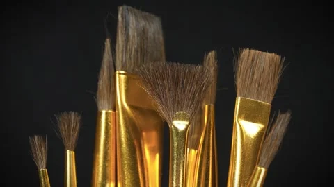 Round and flat brushes on black background. Horse hair brushes in various sizes Stock Footage 333075513