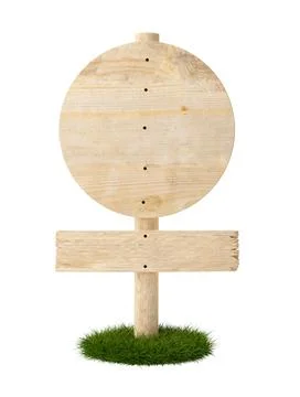 Round and rectangular empty, blank wooden signs on wood post on green grass.. Stock Illustration