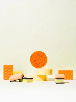 Round and rectangular foam rubber sponges. Abstract geometric composition Stock Photos