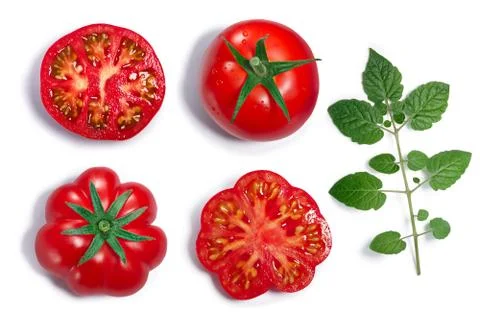Round and ribbed Tomatoes, leaf, top view, paths Foto stock