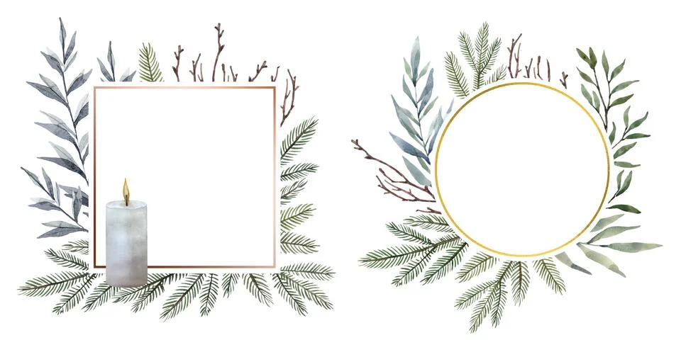 Round and square Christmas frames with place for date, inscription, text. New Stock Illustration