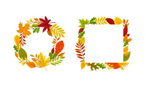 Round and square frames of autumn colorful leaves set. Banner, poster, card 스톡 일러스트
