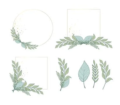 Round and square golden frames with decor from greenery and plant branches Stock Illustration