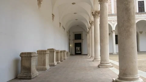 Round Arches In The Pathway In Ducal Palace Courtyard in Urbino. Stock Footage 315754207