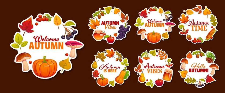 Round autumn fall season frames, leaves and food Stock Illustration