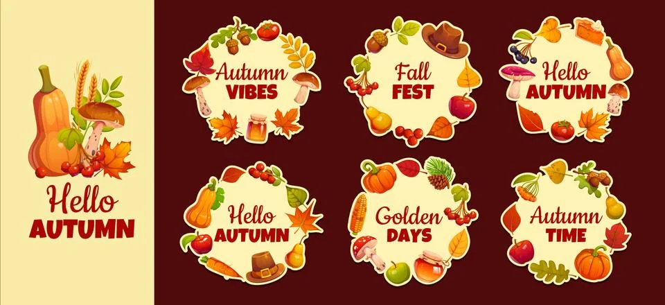 Round autumn frames with tree leaves and harvest Illustrazione stock